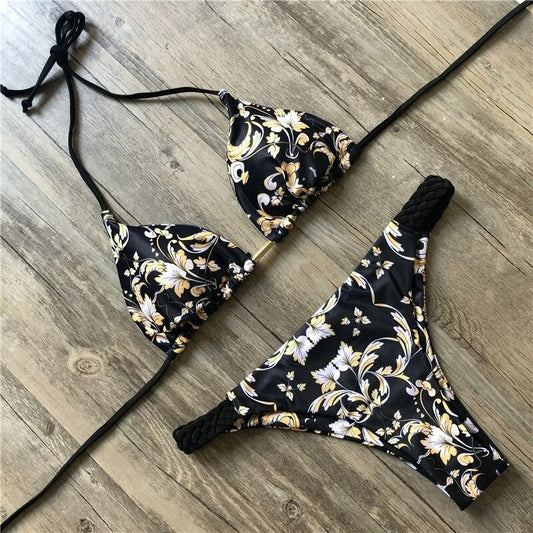 Costum de baie 2 piese, negru, imprimeu floral, Malli C40