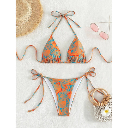 Costum de baie 2 piese, portocaliu, cu motive marine, Ginger C42