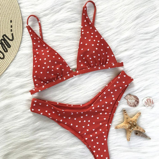 Costum de baie 2 piese, rosu, cu inimioare, Kristine C32