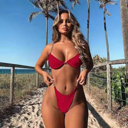 Costum de baie 2 piese, rosu, cu lanturi aurii, Madita C38
