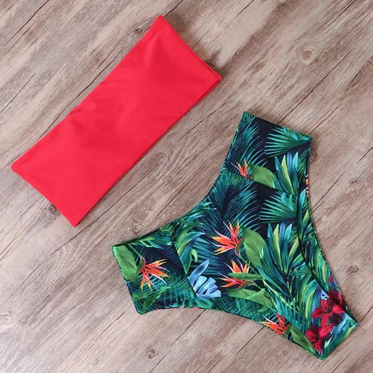 Costum de baie 2 piese, rosu cu verde, imprimeu exotic, Marlyn C58