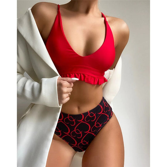 Costum de baie 2 piese, rosu, imprimeu cu inimi, Nineta C48
