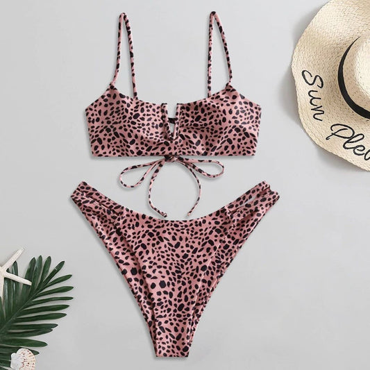 Costum de baie 2 piese, roz, animal print, Kirta
