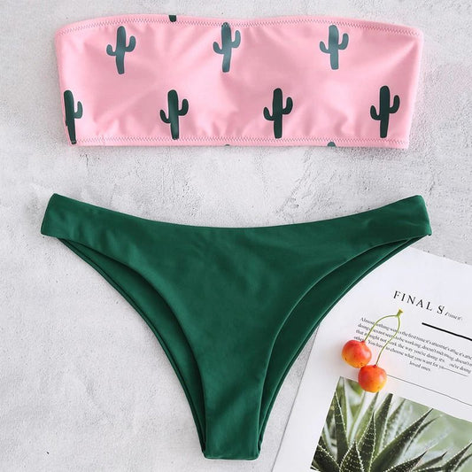 Costum de baie 2 piese, roz si verde, cu cactusi, Reika C58