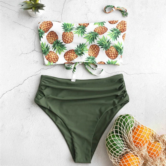 Costum de baie 2 piese, verde, cu ananas, Krystyna