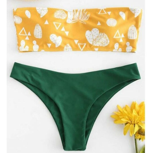 Costum de baie 2 piese, verde, cu cactusi, Kianna C45