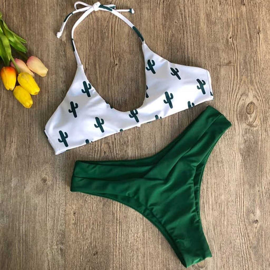 Costum de baie 2 piese, verde, cu cactusi, Kitta