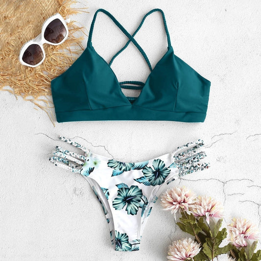 Costum de baie 2 piese, verde, cu flori, Kine