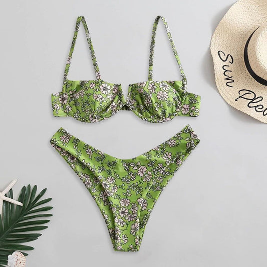 Costum de baie 2 piese, verde, cu flori, Kirse