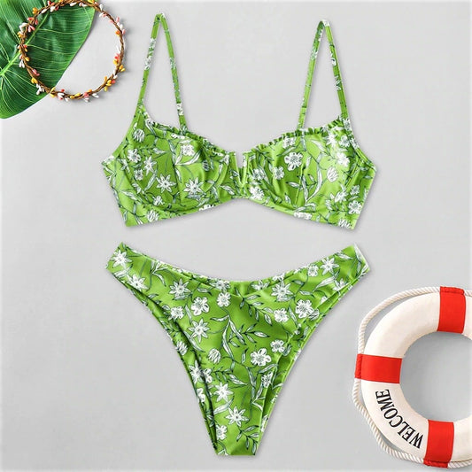 Costum de baie 2 piese, verde, cu flori, Kirstin
