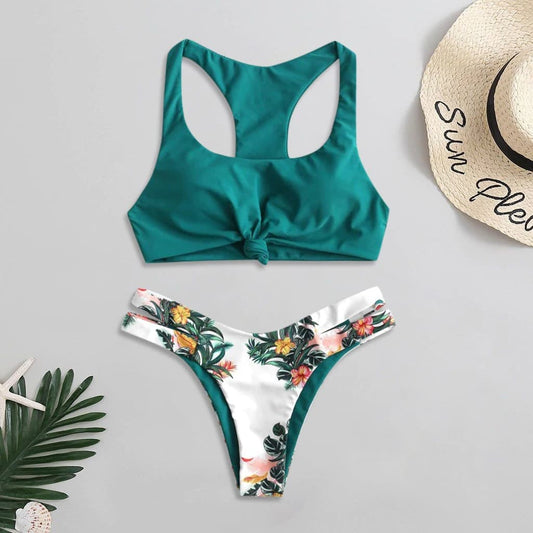 Costum de baie 2 piese, verde, cu flori, Kristinna