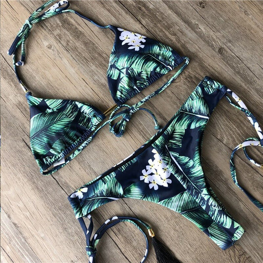 Costum de baie 2 piese, verde, cu frunze, Jossie OUT