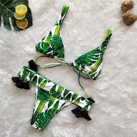 Costum de baie 2 piese, verde, cu frunze, Judyta