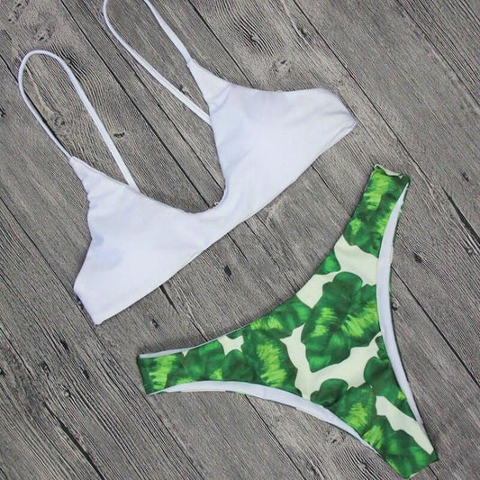 Costum de baie 2 piese, verde, cu frunze, Kayla