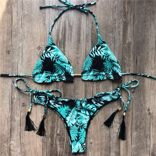Costum de baie 2 piese, verde, cu frunze, Kierstine