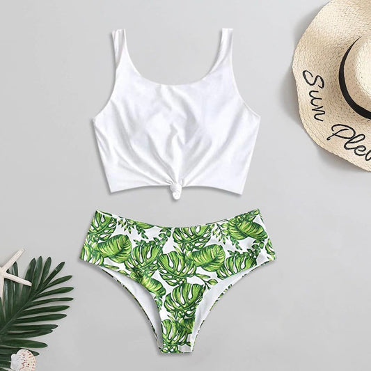 Costum de baie 2 piese, verde, cu frunze, Krestina