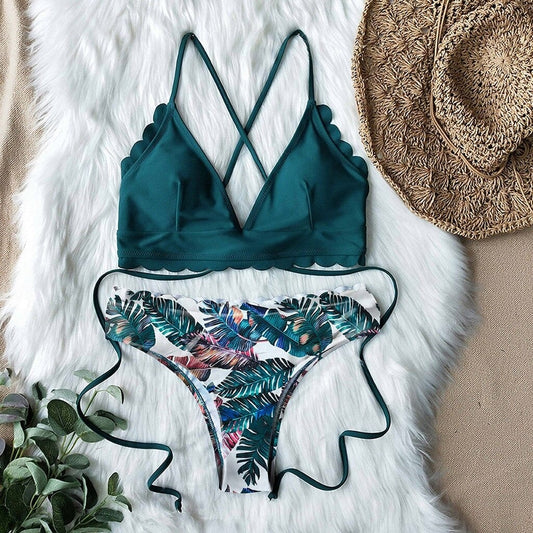 Costum de baie 2 piese, verde, cu frunze, Krystal