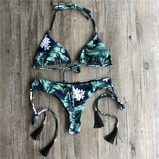 Costum de baie 2 piese, verde, cu frunze, Liza C44