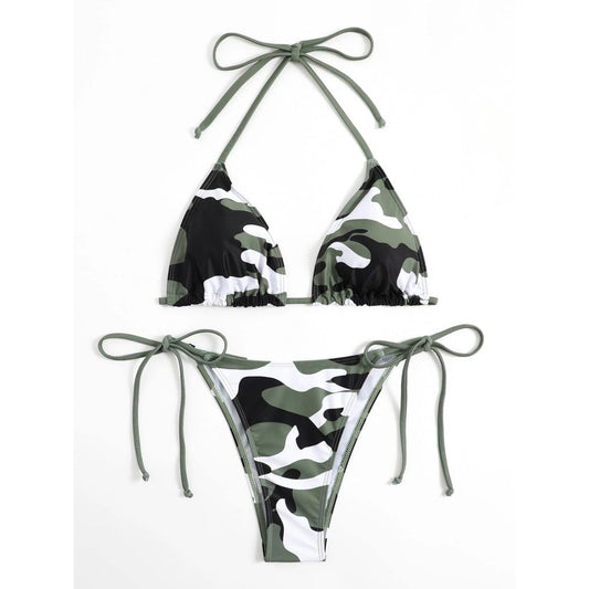 Costum de baie 2 piese, verde, cu imprimeu army, Gesina C41