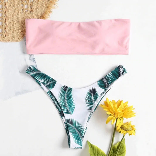 Costum de baie 2 piese, verde cu roz, cu frunze, Kimm