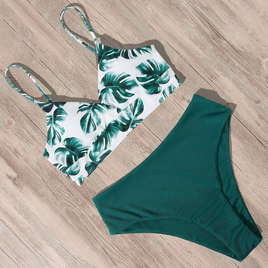 Costum de baie 2 piese, verde, imprimeu frunze, Maxine C50