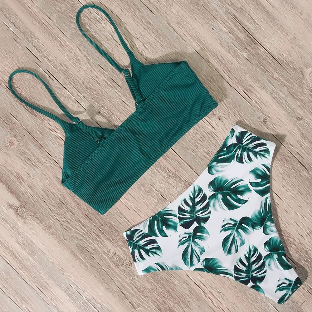 Costum de baie 2 piese, verde, imprimeu frunze Monstera, Marika C55