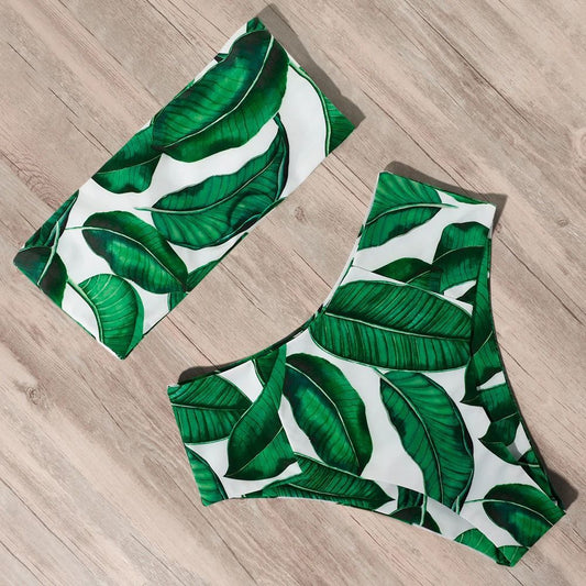 Costum de baie 2 piese, verde, imprimeu frunze exotice, Medea C48