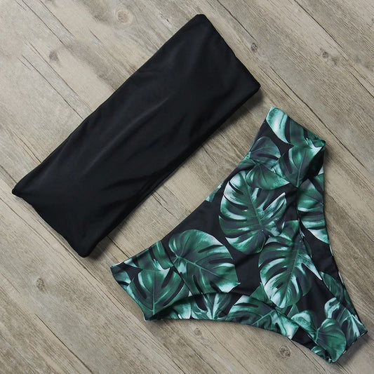 Costum de baie 2 piese, verde, imprimeu frunze exotice, Melizza C52
