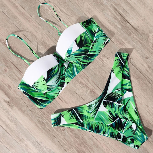 Costum de baie 2 piese, verde, imprimeu frunze exotice, Mercy C51