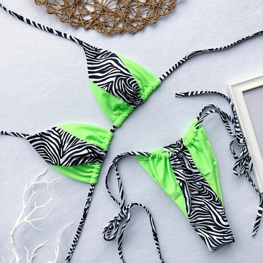 Costum de baie 2 piese, verde neon, animal print, Magdaline C57 OUT