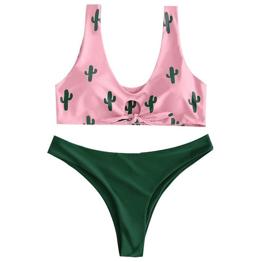 Costum de baie 2 piese, verde si roz, cu cactusi, Kiara C45