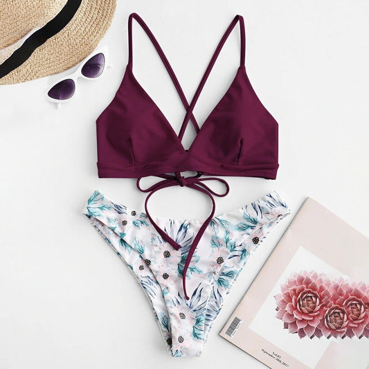 Costum de baie 2 piese, visiniu, cu flori, Krestine