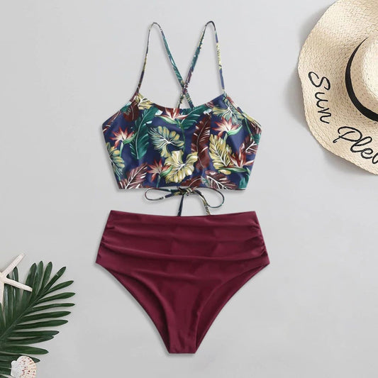 Costum de baie 2 piese, visiniu, cu frunze, Kimie