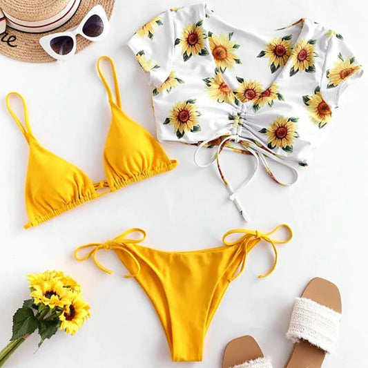 Costum de baie 3 piese, galben, floarea soarelui, Kristofa