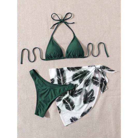 Costum de baie 3 piese, verde, cu imprimeu frunze, Inka C35