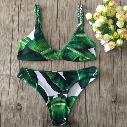 Costum de baie 2 piese, verde, frunze, Arina
