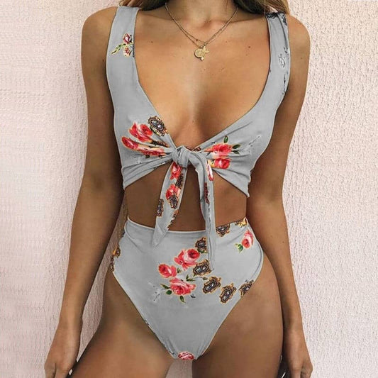 Costum de baie 2 piese, gri, cu flori, Elise C30