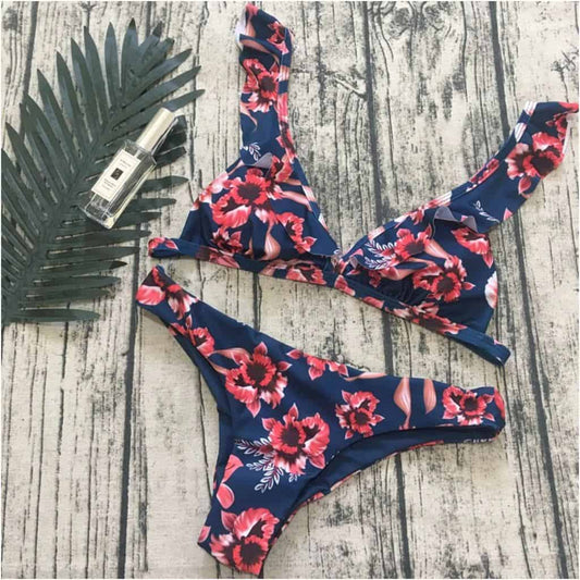 Costum de baie 2 piese, bleumarin, cu flori, Erza C48