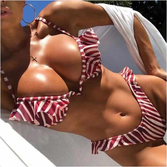 Costum de baie 2 piese, dungi burgundy, Farina C46