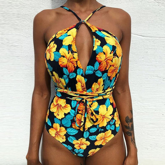 Costum de baie intreg, galben, cu flori, Federica C45