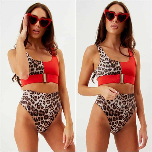 Costum de baie 2 piese, rosu, animal print, Feline C45