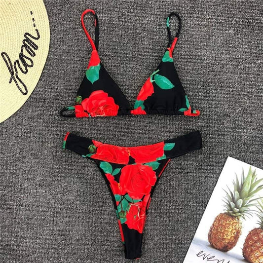 Costum de baie 2 piese, negru, cu trandafiri, Felisa C43