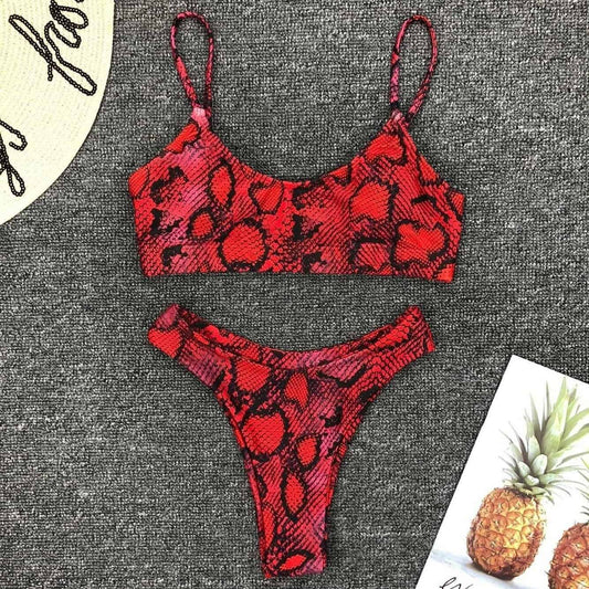 Costum de baie 2 piese, piele de sarpe, rosu, Griselda