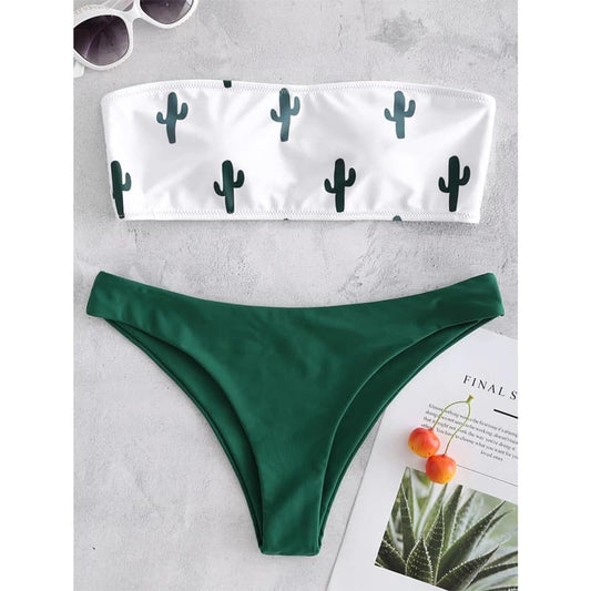 Costum de baie 2 piese, cactusi, verde, Haldis C31