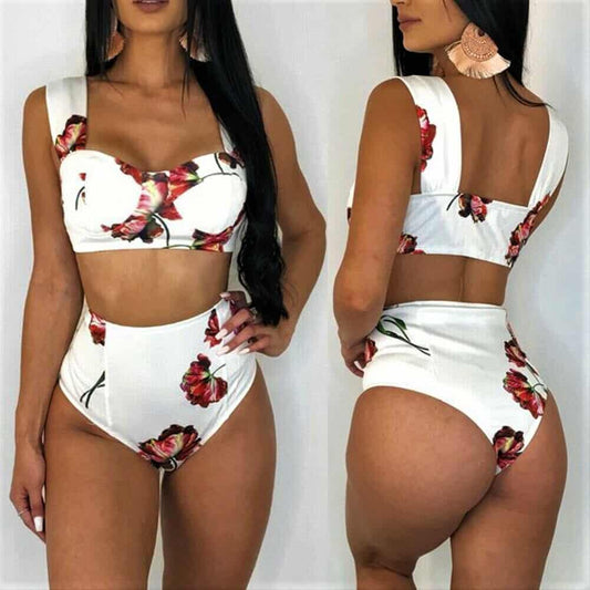 Costum de baie 2 piese, cu flori, alb, Herma