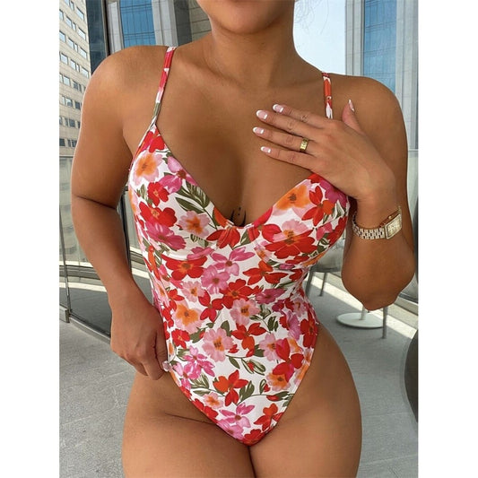 Costum de baie intreg, alb, cu imprimeu floral, Ditta C32