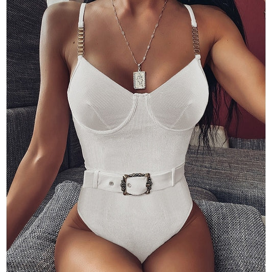 Costum de baie intreg, alb, cu lanturi aurii, Rena C55