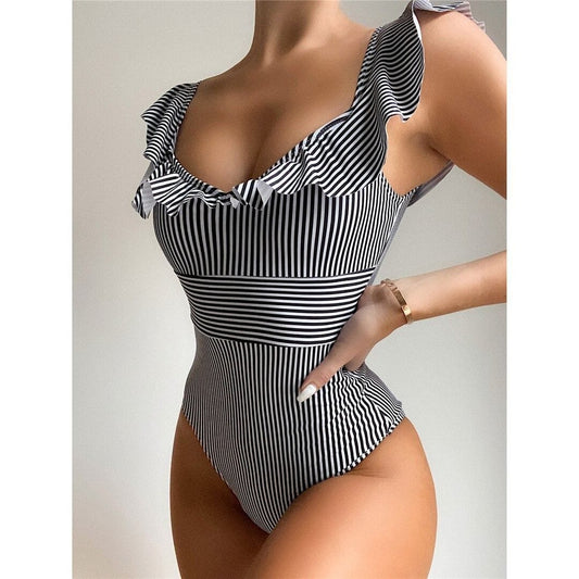 Costum de baie intreg, alb-negru, cu dungi, Penny C49 OUT