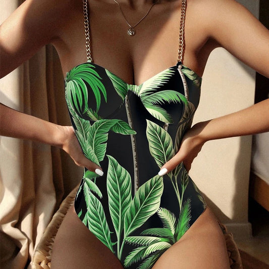 Costum de baie intreg, imprimeu frunze exotice, Lovise C58
