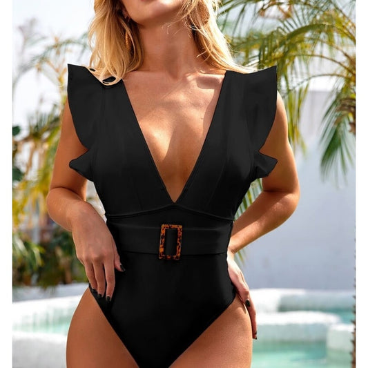 Costum de baie intreg, negru, cu volane, Loni C54